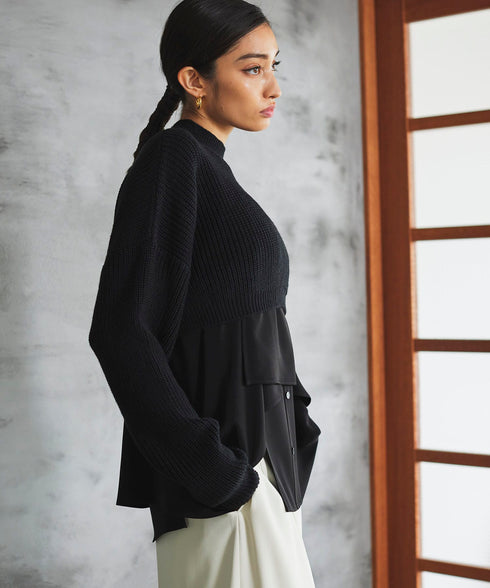 アシメシャツドッキングクロップドニット