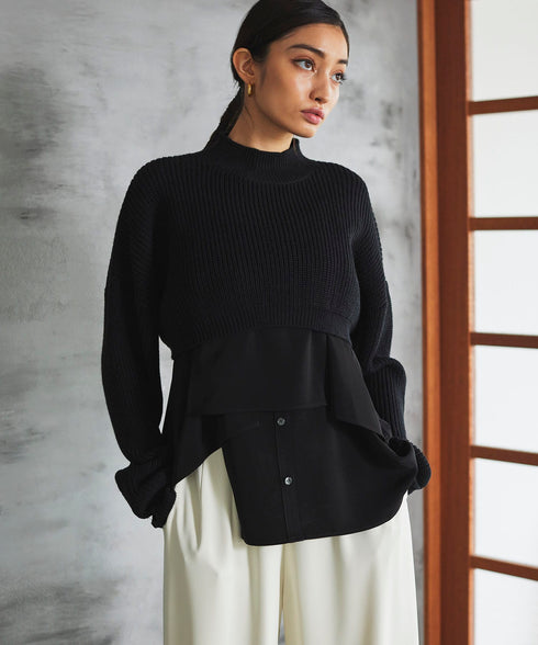 アシメシャツドッキングクロップドニット