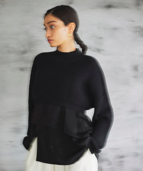 アシメシャツドッキングクロップドニット