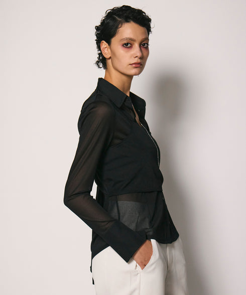 ワンショルショール付きシアーストレッチシャツ