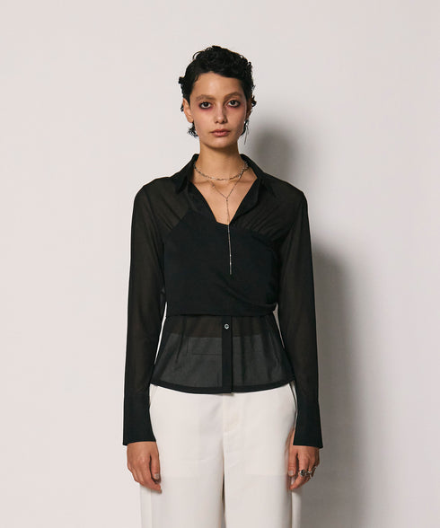 ワンショルショール付きシアーストレッチシャツ