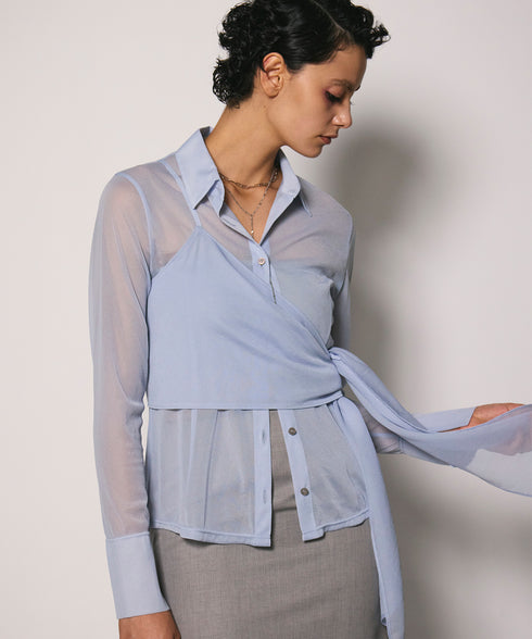 ワンショルショール付きシアーストレッチシャツ