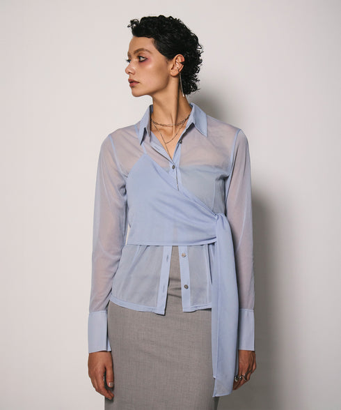 ワンショルショール付きシアーストレッチシャツ