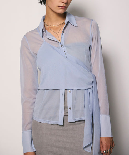 ワンショルショール付きシアーストレッチシャツ