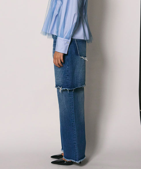 レイヤードヘムデニムパンツ