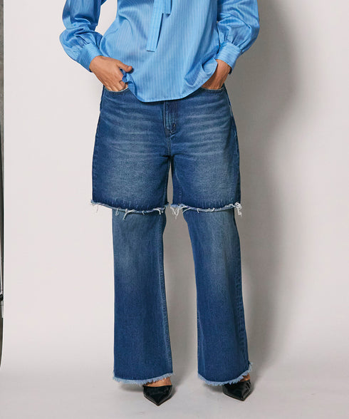 レイヤードヘムデニムパンツ